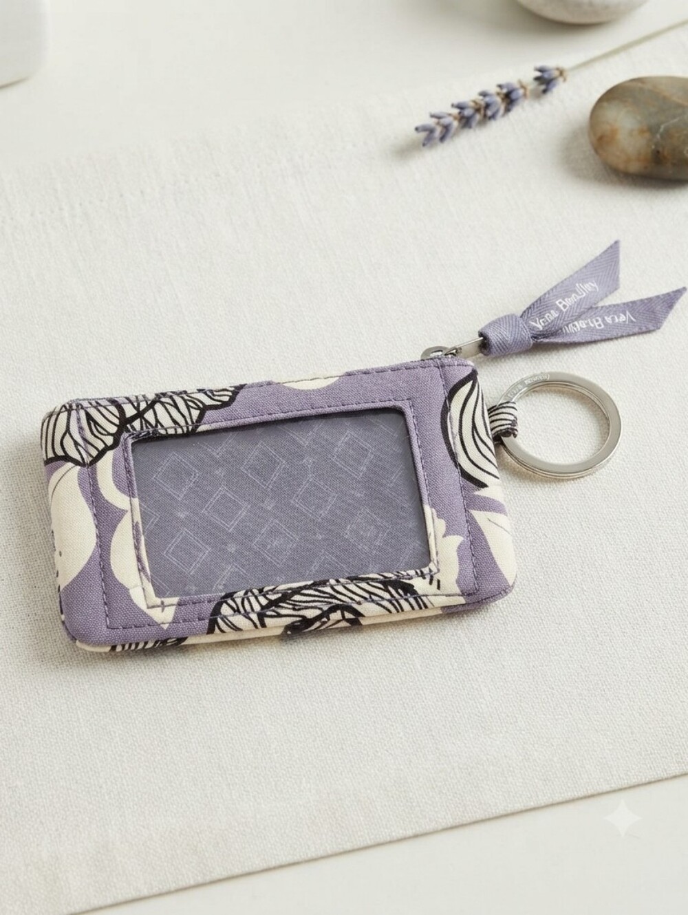 Vera Bradley Gray and White Floral Key And ID Holder